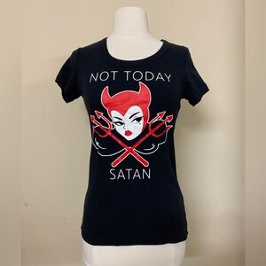 Vixen by Micheline Pitt Black Tee Red and White Not Today Satan Devil Design